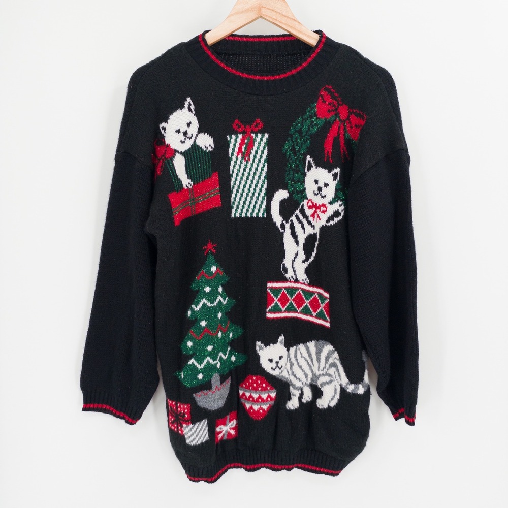 Vintage Cat Christmas Sweater Womens L Black Kitschy Retro Holiday Granny Ugly